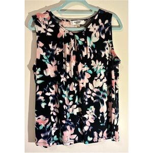 Jones Studio Floral Sleeveless Blouse Size L Black Pink Teal Keyhole Neck Top